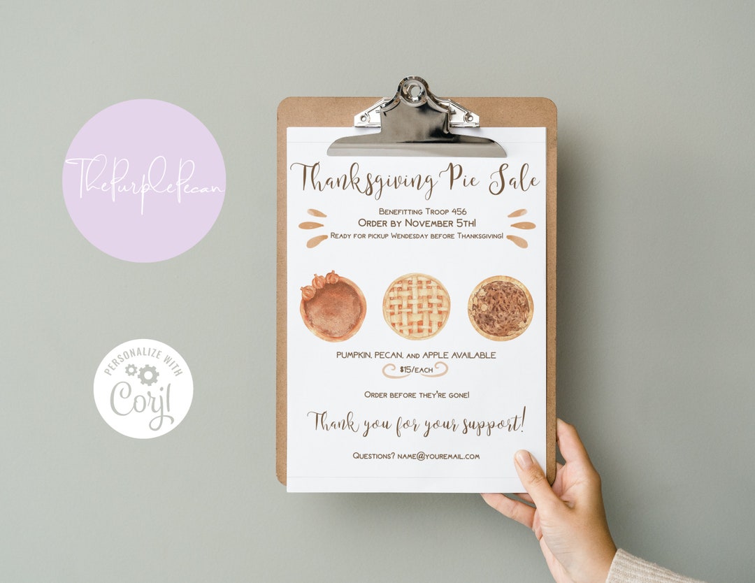 Pie Sale Fundraiser Thanksgiving Flyer Pumpkin Pie Sale Etsy