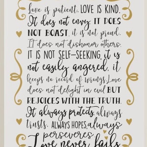 Bible Verse Wall Art, Wrapped Canvas, Christian Home Decor, Love is Patient Quote, Inspirational Scripture Print, 1 Corinthians 13 4-8 Art