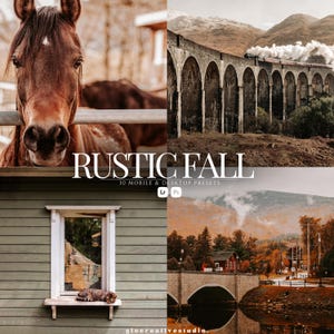 Op de afbeelding: Een collage met vier afbeeldingen met een rustiek herfstthema. De afbeeldingen tonen een bruin paard, een trein op een stenen brug, een kat in een raam en een landschap met een brug en herfstkleuren. De tekst luidt "RUSTIC FALL".