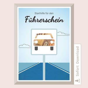 Geld cadeau, rijbewijs, geld geven voor een verjaardag, sjablonen, cadeau om zelf af te drukken, geld cadeau voor een auto, rijbewijstest, PDF