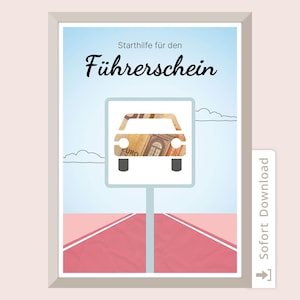 Geld cadeau, rijbewijs, geld geven voor een verjaardag, sjablonen, cadeau om zelf af te drukken, geld cadeau voor een auto, rijbewijstest, PDF