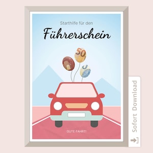 Geld cadeau, rijbewijs, geld geven voor een verjaardag, sjablonen, cadeau om zelf af te drukken, geld cadeau voor een auto, rijbewijstest, PDF