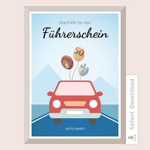 Geld cadeau, rijbewijs, geld geven voor een verjaardag, sjablonen, cadeau om zelf af te drukken, geld cadeau voor een auto, rijbewijstest, PDF