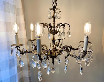 Vintage Spanish Bronze, six-arm Chandelier, ornate crystal, traditional estate lighting 1960s vintage, ornate crystal chandelier