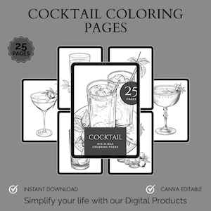 Páginas para colorear de cócteles, copas de cóctel imprimibles, páginas para colorear digitales para adultos, plantilla de Canva para colorear sobre mindfulness