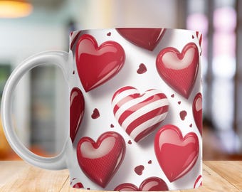 Envoltura para taza con forma de corazón 3D, plantilla para taza de 11 oz y 15 oz, diseño de sublimación de taza, envoltura para taza, descarga digital instantánea PNG, plantilla de corazón, corazón, amor