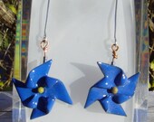 Blau, emaillierte, "Origami" Kupfer, Nadelrad, Spinning Ohrringe, Sterling silber aus, CGGE, handgemacht
