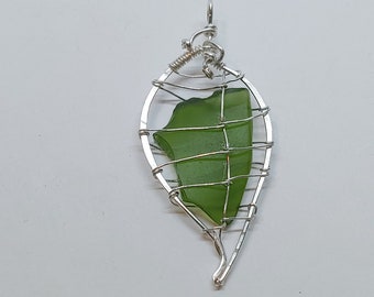 Handmade Wire Wrapped Sterling Silver Pendant, with  Beach Glass of Deep Green