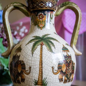Vintage - Three Hands Corp Chinese Porcelain Jug Style Crackle Vase with Elephants and Palm Trees