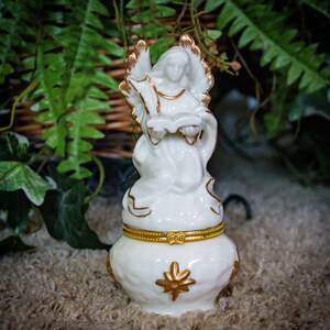Vintage Porcelain White Angel Reading a Book Trinket Box, Outlined in Gold