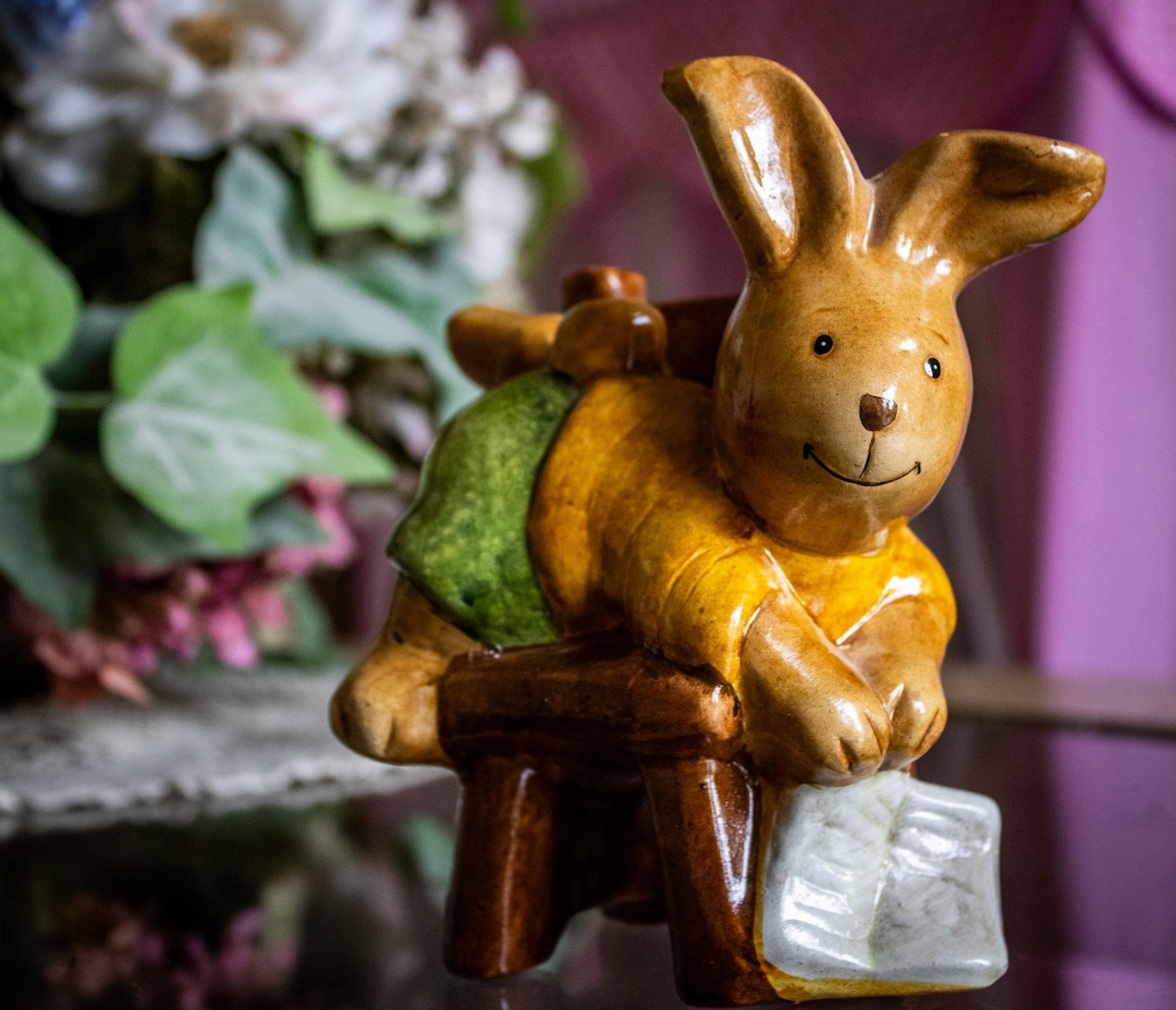 Vintage - Ceramic Bunny on Chair With Book Figurine - Etsy