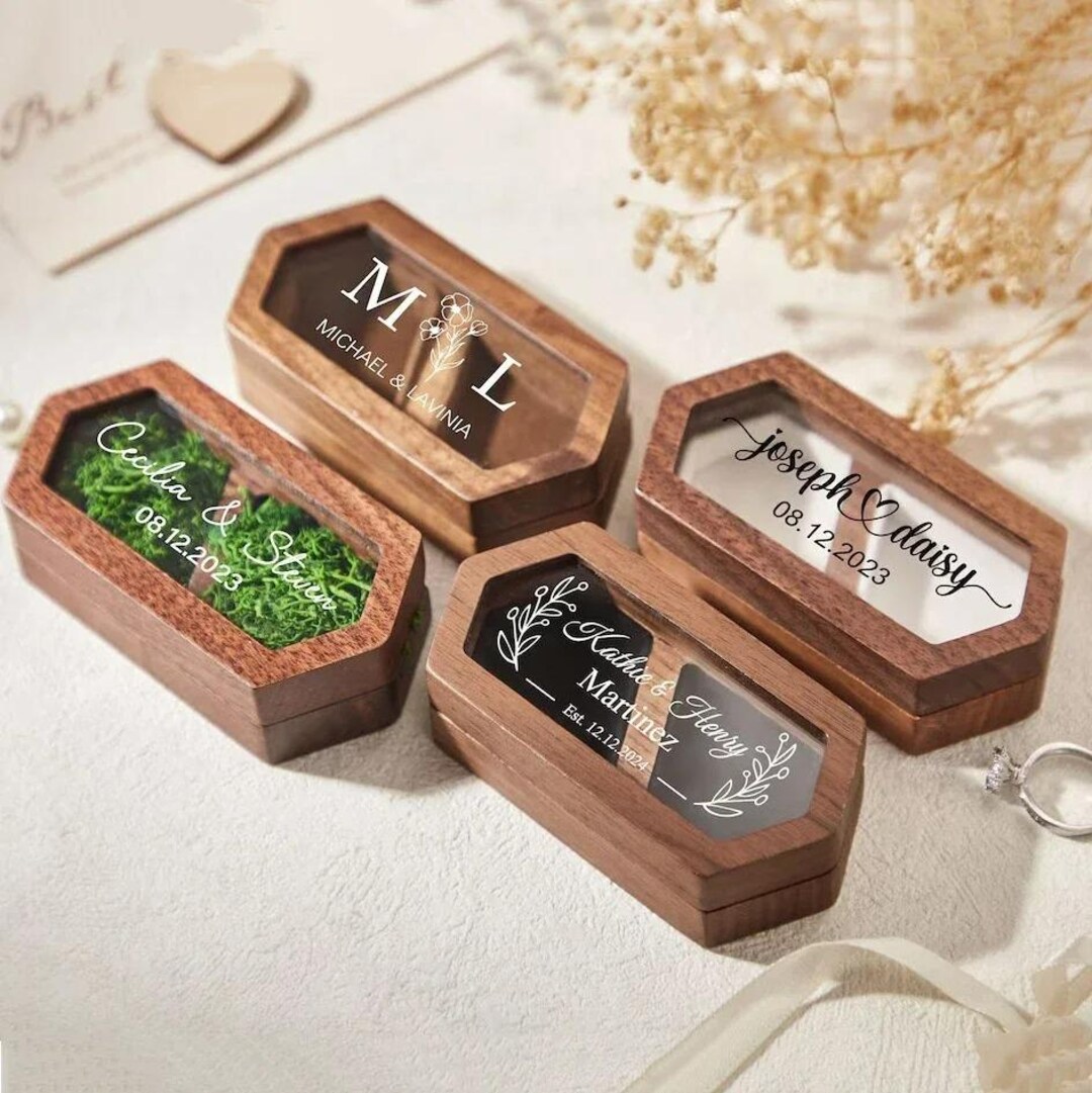 Personalized Wooden Wedding Ring Box With Clear Acrylic Cover, Custom ...