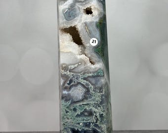 Moss Agate Druzy 11”H Large Tower (Natural Crystal) #21
