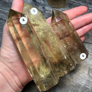 May include: Three translucent, yellow-toned citrine crystal points with faceted, pointed tips. Each crystal features a small white circular sticker labeled with the numbers 4, 5, and 6, respectively, indicating individual selection options.