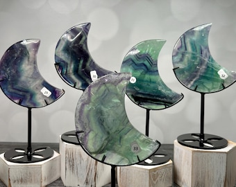 Rainbow Fluorite Large Moon on Stand 7.5”H (Natural Crystal) You Select