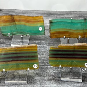 May include: Four rectangular mineral slices with horizontal bands of green, yellow, and brown, each mounted on a clear acrylic stand. Each slice features a small white circular label with the numbers 73, 74, 75, or 76 printed in black.