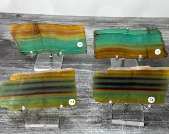 May include: Four rectangular, polished mineral slices displayed on clear acrylic stands. Each slice features horizontal bands of green, yellow, and dark brown. Small white circular labels numbered 73, 74, 75, and 76 are attached to the lower right corners of each specimen.