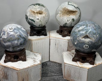 Moss Agate Druzy Dendritic Sphere & Stand (Natural Crystal)