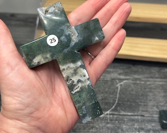 Cross 4.16”+ Moss Agate Christmas Carving (Natural Crystal) You Select