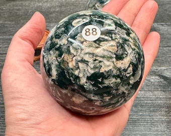 Moss Agate Pink with Mangano Calcite UV Rare Sphere & Stand (Natural Crystal) You Select