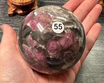 Pink Tourmaline in Smoky Quartz Sphere & Stand (Natural Crystal) You Select