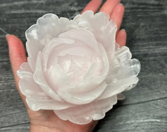 Pink Mangano Calcite 5” UV Peony Rose Flower Carving (Natural Crystal) #27