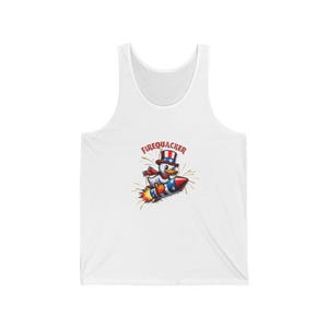Firequacker Unisex Jersey Tank, Fun Summer Apparel, Patriotic Tank Top, Fourth of July Shirt, Casual Everyday Wear
