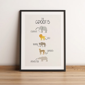 Animals Print South Africa Kids Wall Art Big Five Poster Educational Afrikaans Nursery Décor Illustration Wild Animals Kids Gift