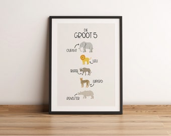 Op de afbeelding: Een zwart ingelijste poster met de tekst "Die Groot 5" in wit. De poster toont illustraties van vijf dieren in volgorde van grootte: olifant, leeuw, buffel, cheetah en neushoorn. Elk dier is gelabeld met zijn naam in het Nederlands.