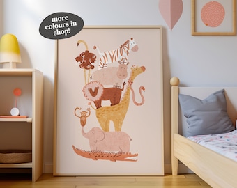 Dekoracja dla dziewczynki Słodkie zwierzęta Sztuka ścienna Safari dla dzieci Różowe zwierzęta Ilustracja plakat do pokoju dziecięcego Safari Wydruk dla dziecka Afryka Zwierzęta Sztuka ścienna