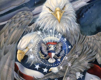 Patriotic Quilt Fabric Panel: Bald Eagle, American Flag, Military