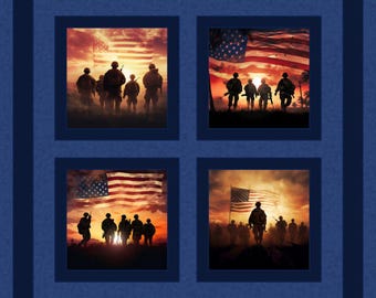 American Soldiers Fabric Panel: Patriotic Quilt Pillow Squares