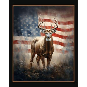 May include: A majestic buck with large antlers stands in tall grass, set against a backdrop of the American flag. The artwork features a brown deer with a white face and a red, white, and blue flag in the background. The image is framed with a black border.