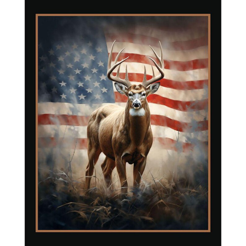 May include: A majestic buck with large antlers stands in tall grass, set against a backdrop of the American flag. The artwork features a brown deer with a white face and a red, white, and blue flag in the background. The image is framed with a black border.