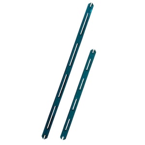 May include: Two teal-colored metal shelf supports. Each support is a long, thin rectangle with evenly spaced rectangular cutouts. The supports have a notched end. One support is longer than the other.