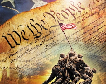 Constitution Fabric Panel: Iwo Jima Monument, US Flag - Patriotic Print