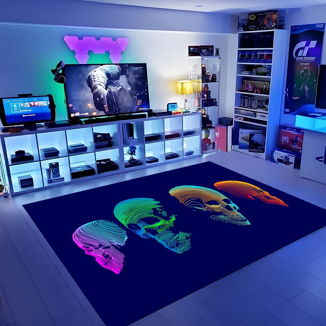 Gaming Rug Full View Skull Rug, Game Rug,neon Patterned Rug,gamer Rug,gaming Rug,colorful ...