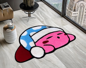 Sleeping Kirby Rug, Cute Rug, Gift for Daughter, Video Game Characters, Kirby Game Rug, Pink Rug, Kids Room Rug, Tufted Look Printed Rug