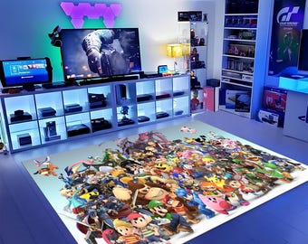 May include: A colorful rug featuring a large group of characters from the Super Smash Bros. video game series. The rug is laid out on a light blue floor in a room with a gaming setup.