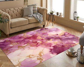 Roze marmeren vloerkleed, modern abstract tapijt met gouden accenten