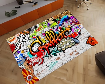 Alfombra de graffiti, alfombra de arte pop, alfombra colorida, alfombra de arte callejero, alfombra única, alfombra de sala de juegos, alfombra personalizada, alfombras geniales, alfombra de área, alfombra de sala de estar, regalos para ella