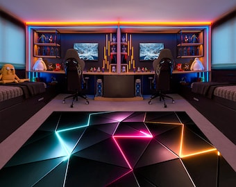 Gamerdeken, gametapijt, gametapijt, geometrisch tapijt, kleurrijk tapijt, speelkamertapijt, neondecor, aangepast tapijt, vloerkleed met neonlook, e-sporttapijt, vloerkleed, gamingcadeaus