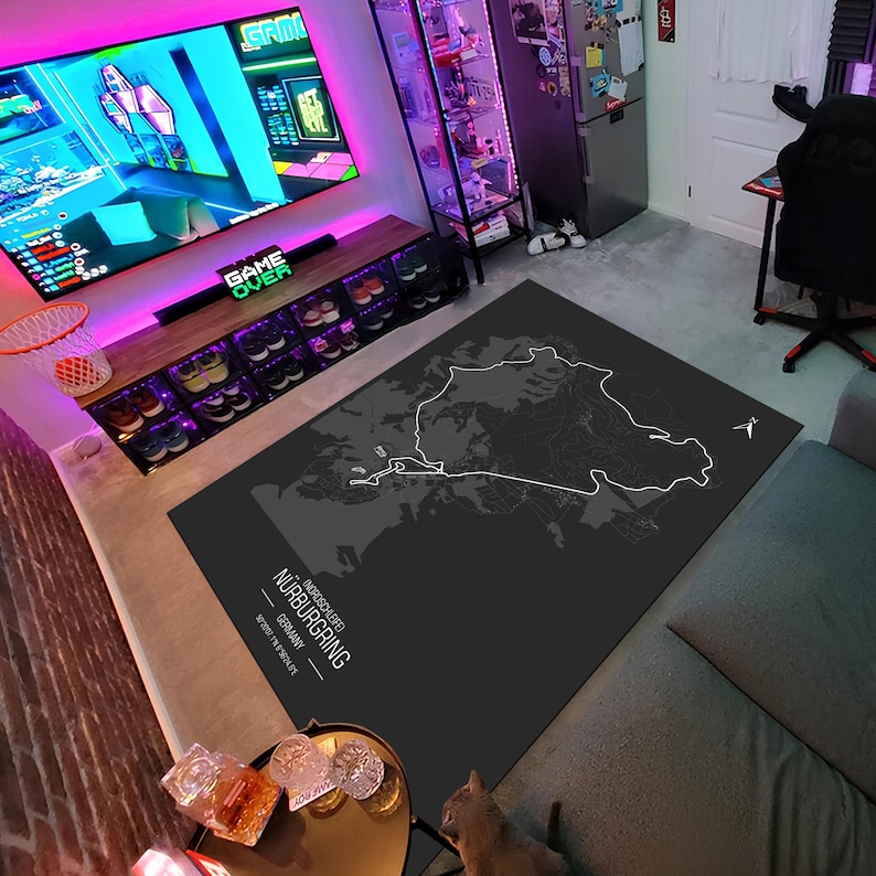 Tapijt racekaart, racegamekaart, gametapijt, autoracekaart, gameroomtapijt, gamedecor, gamedecor, gamingcadeau, karpetten, aangepast tapijt, gamingkleed afbeelding 1