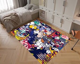 May include: A colorful rug with a cartoon design featuring various characters, including Mickey Mouse, SpongeBob SquarePants, and Bart Simpson. The rug has a yellow, red, blue, and black color scheme and features the text "SALE PRICE".