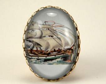 Smooth Sailing vintage inspired clipper ship engraving cameo Cocktail Ring