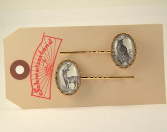 Forest Rangers Deer and Owl archival engraving Brass Hair Pins