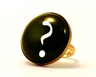 Black 25mm Round Question Mark Cocktail Ring Typographic Jewelry