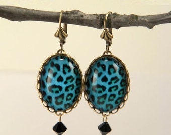 Blue Moon Leopard Earrings. Animal print big cat dangle brass earrings