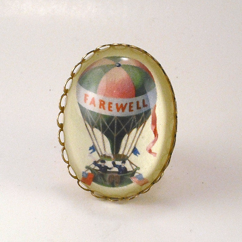 Farewell vintage inspired hot air balloon brass cameo Cocktail Ring adjustable victorian steampunk boho image 1