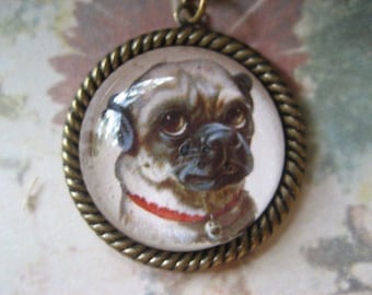 Clyde the Handsome Pug Victorian dog engraving brass dome pendant necklace